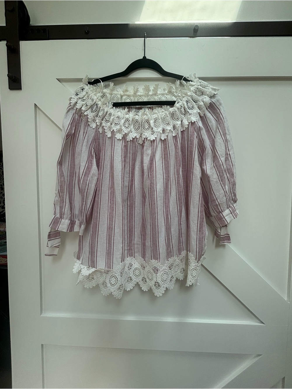 Fever Off-Shoulder Lace Trim Striped Tunic - Pink & White